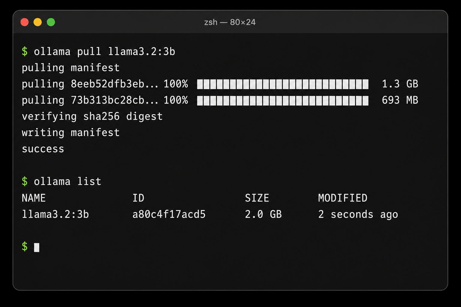 Pull an Ollama model and confirm it is available locally